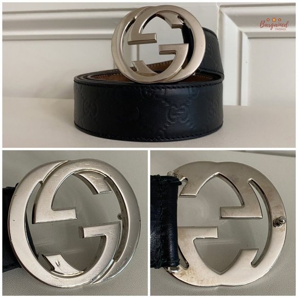 Authentic Gucci Black Guccissima Leather Silver Interlocking G Buckle Belt 95/38 - Picture 2 of 13